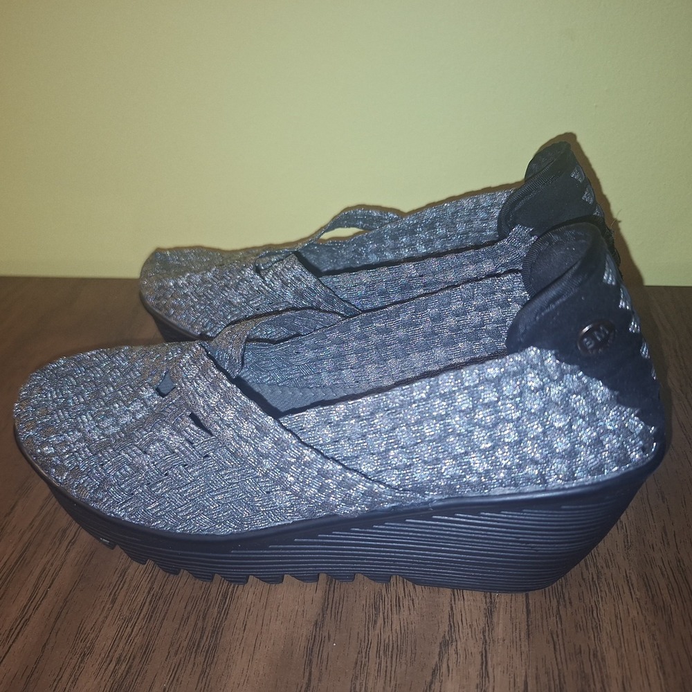 Bernie Mev Woven Wedge Size 40 Mary Janes Slip On Gray Silver Elastic US 9 9.5
